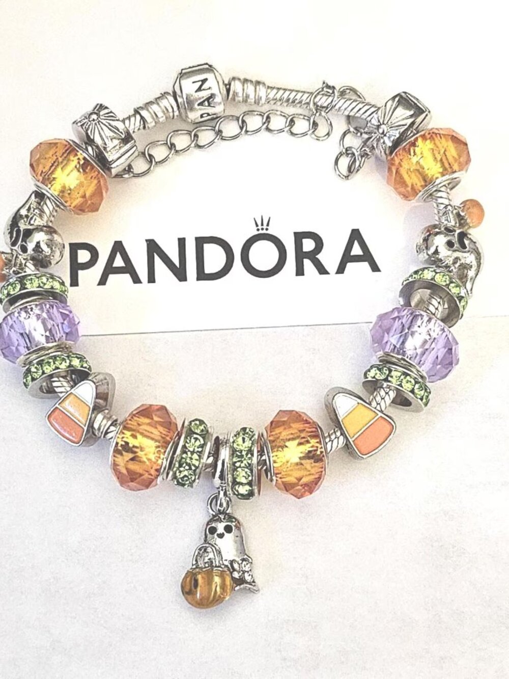 Happy Halloween Boooo - Purple Orange Beads - Authentic Pandora Bracelet -